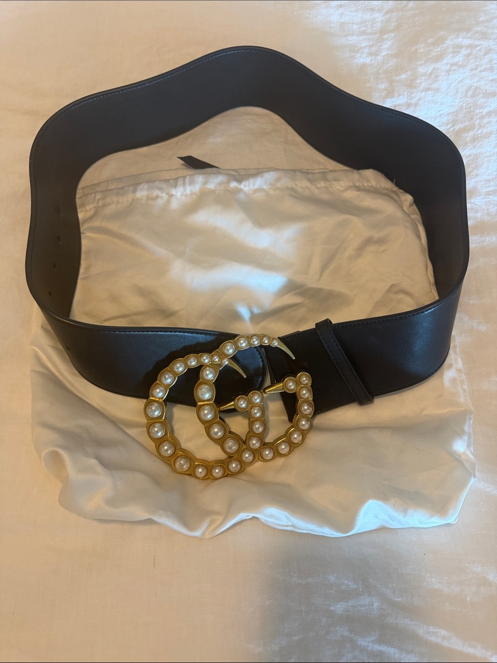 Gucci Black Women's Pearl-Embellished Logo Belt